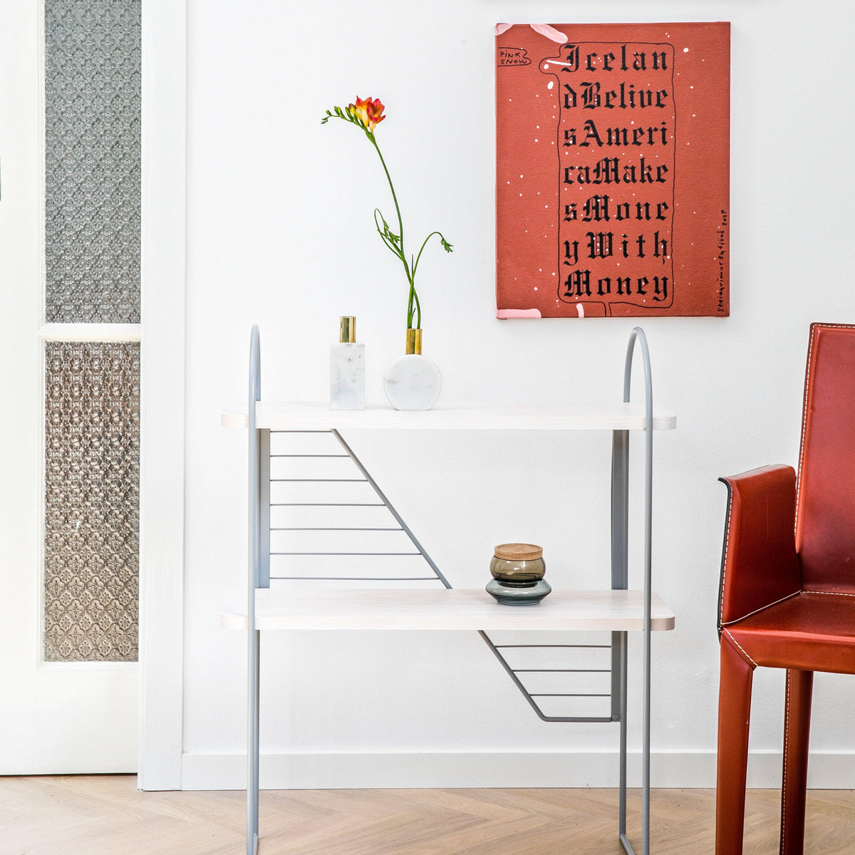 White Urban Nomad Console Table with grey recycled steel frame. 68x27 cm - FÓLK Reykjavik